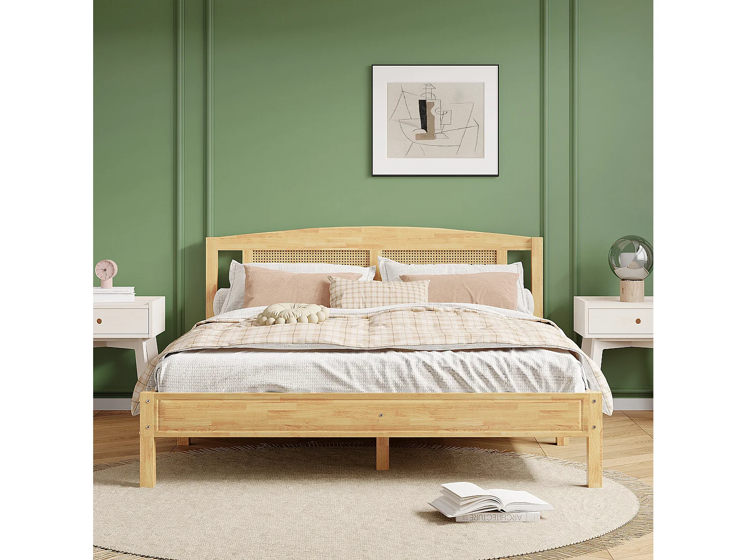 Tweepersoons bed voor volwassenen 160X200 cm - grenenhout en rotan hoofdeinde - Naturel