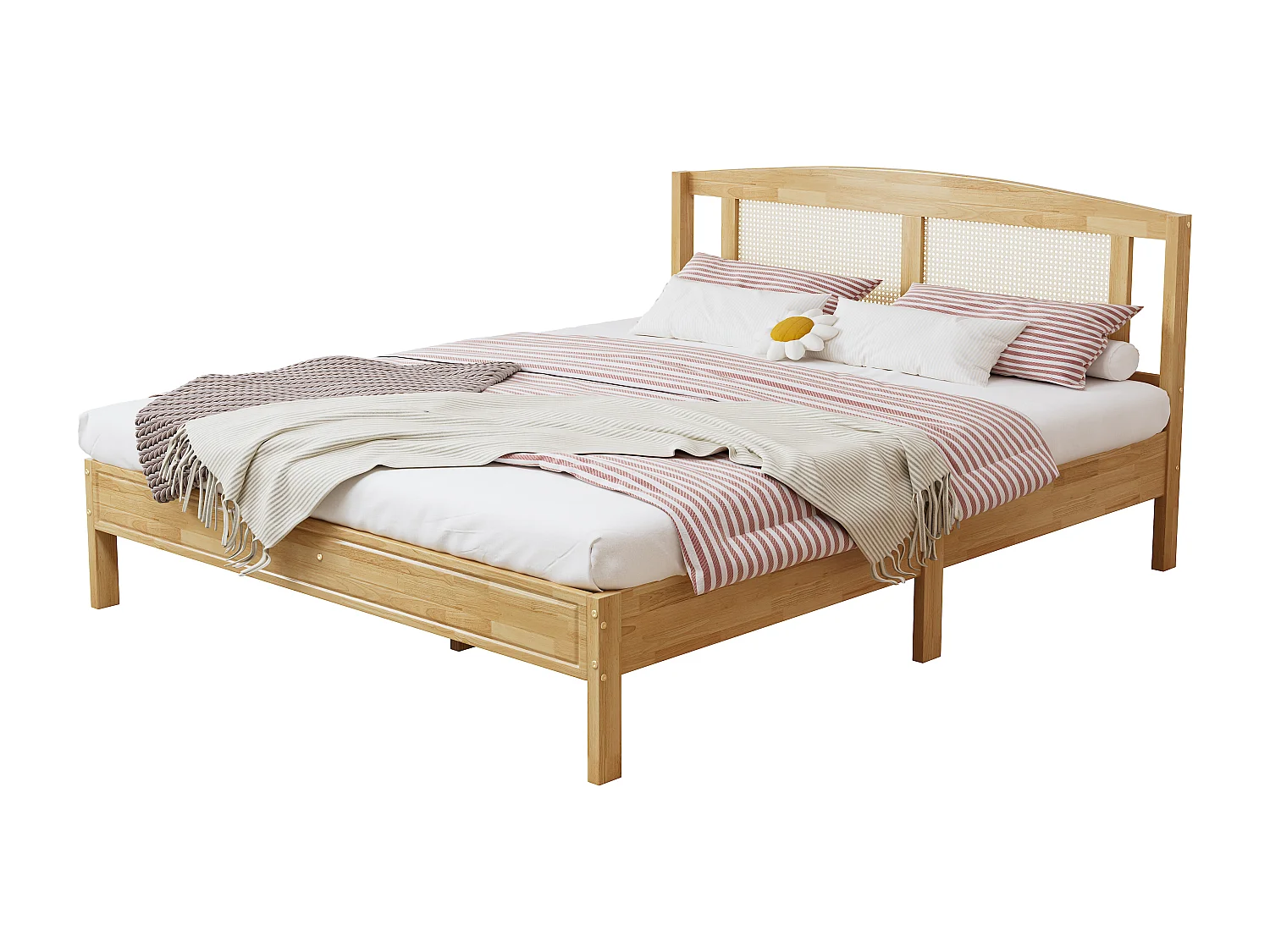 Tweepersoons bed voor volwassenen 160X200 cm - grenenhout en rotan hoofdeinde - Naturel