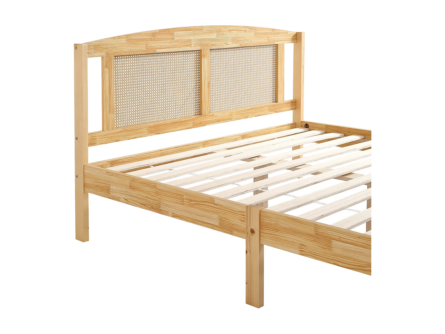 Tweepersoons bed voor volwassenen 160X200 cm - grenenhout en rotan hoofdeinde - Naturel