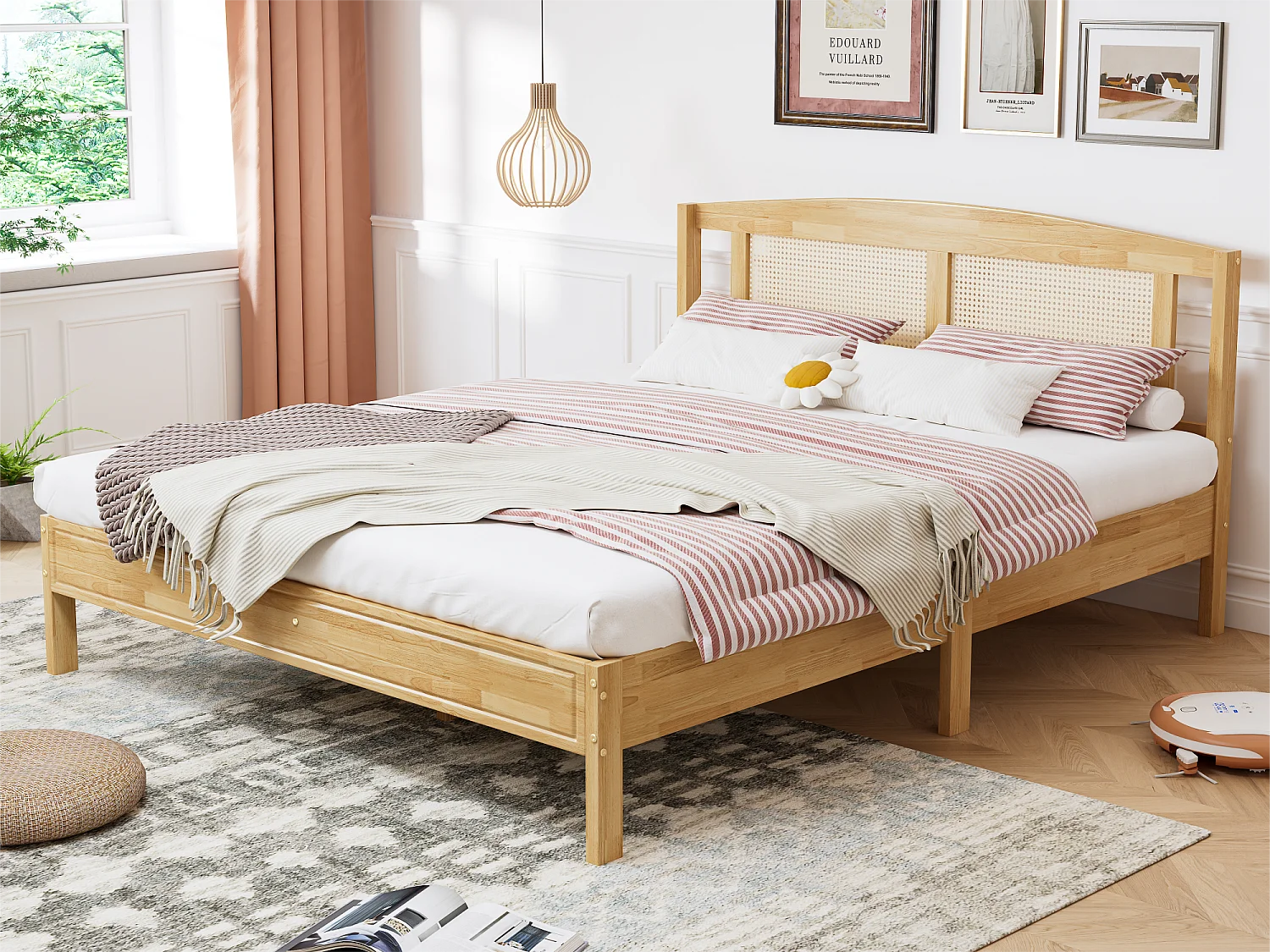 Tweepersoons bed voor volwassenen 160X200 cm - grenenhout en rotan hoofdeinde - Naturel