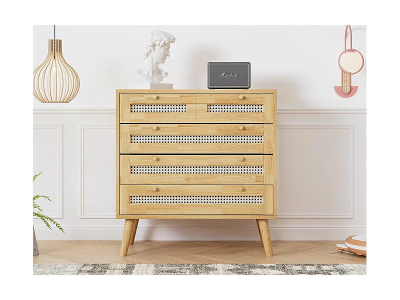 Kommode mit 3 Schubladen und 1 Klappenfach – aus Holz und Rattan – Natur