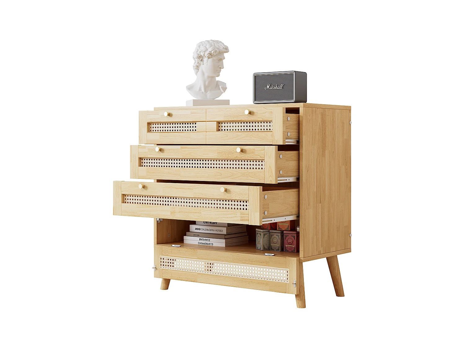 Kommode mit 3 Schubladen und 1 Klappenfach – aus Holz und Rattan – Natur