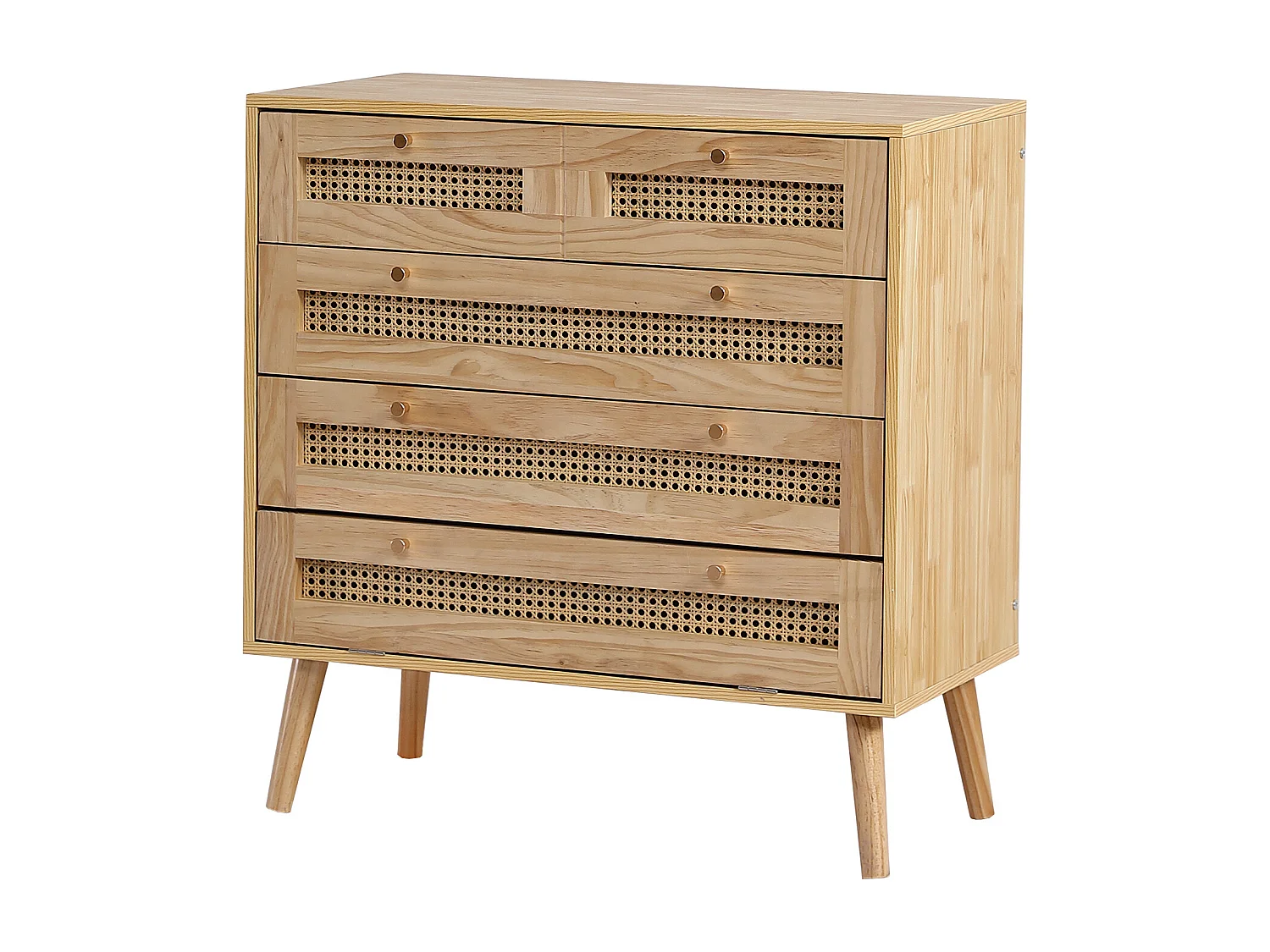 Kommode mit 3 Schubladen und 1 Klappenfach – aus Holz und Rattan – Natur