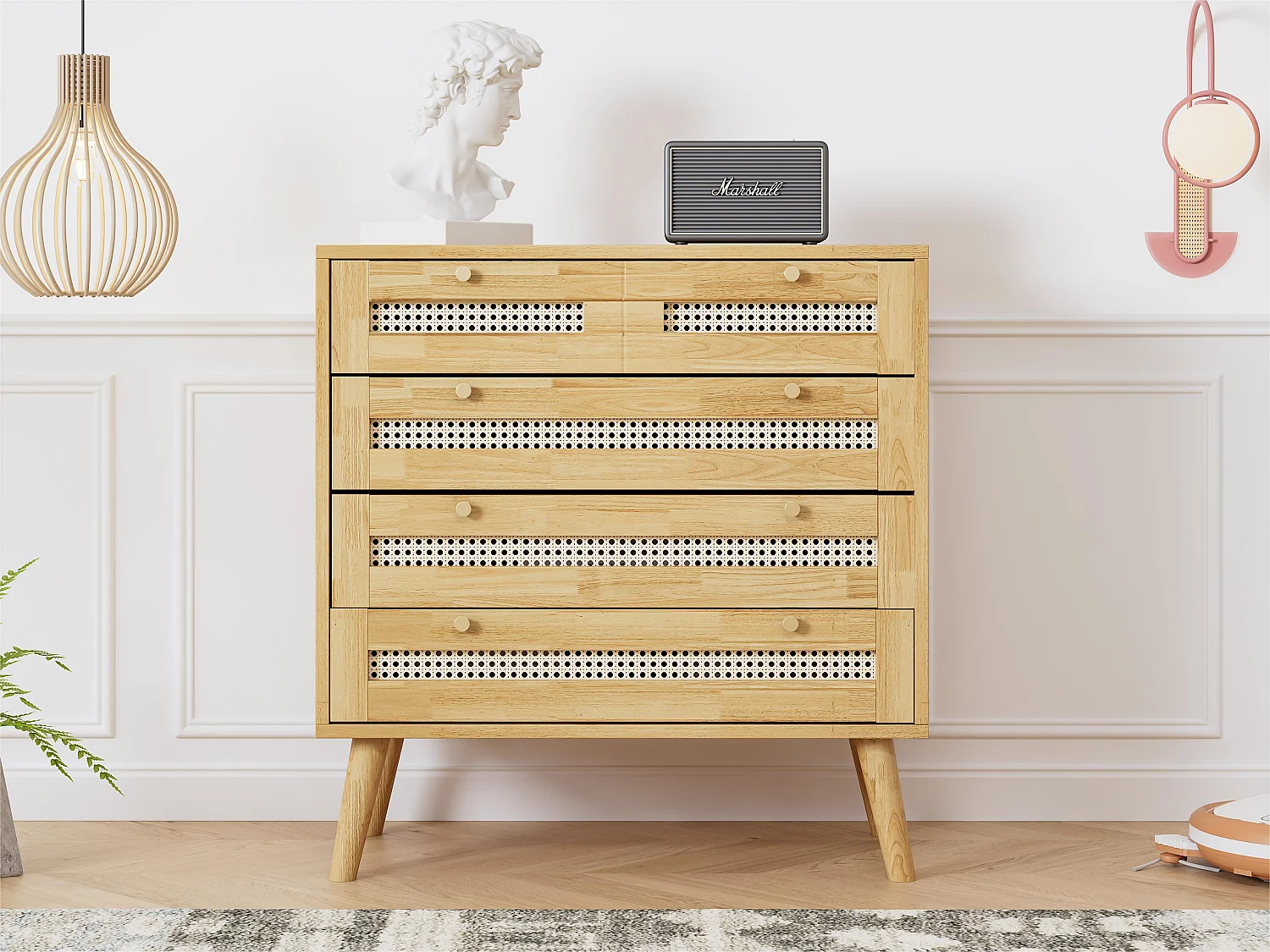 Commode avec 3 tiroirs et 1 compartiment abattant - en bois et rotin - Naturel