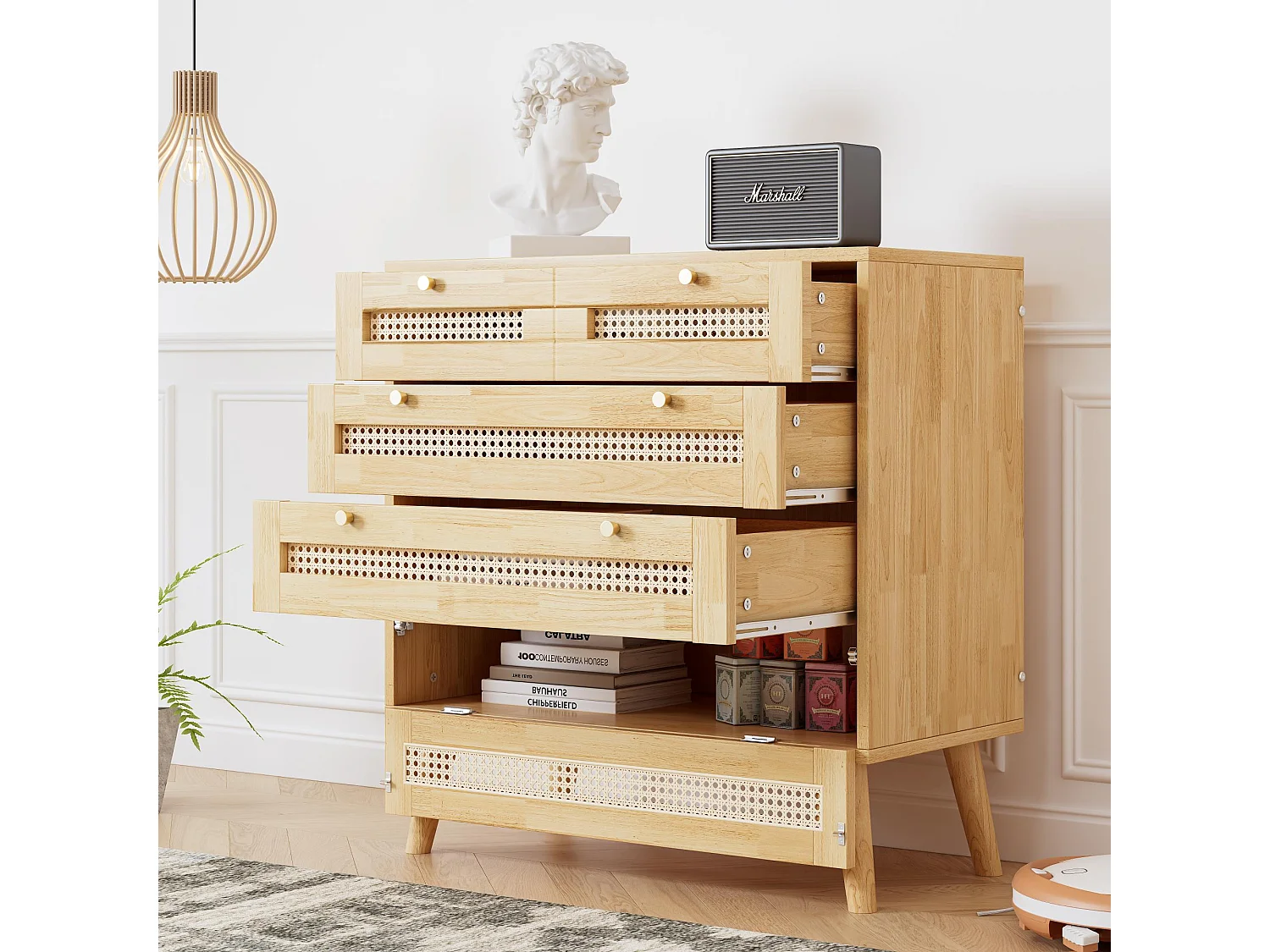 Commode avec 3 tiroirs et 1 compartiment abattant - en bois et rotin - Naturel