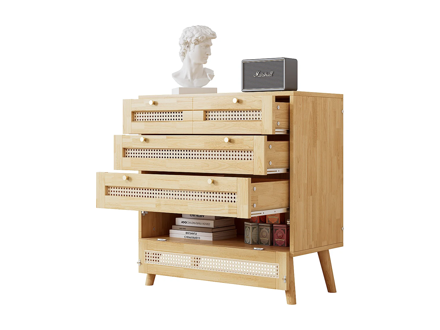 Commode avec 3 tiroirs et 1 compartiment abattant - en bois et rotin - Naturel