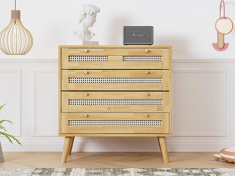 Cassettiera con 3 cassetti e 1 vano a ribalta - in legno e rattan - Naturale