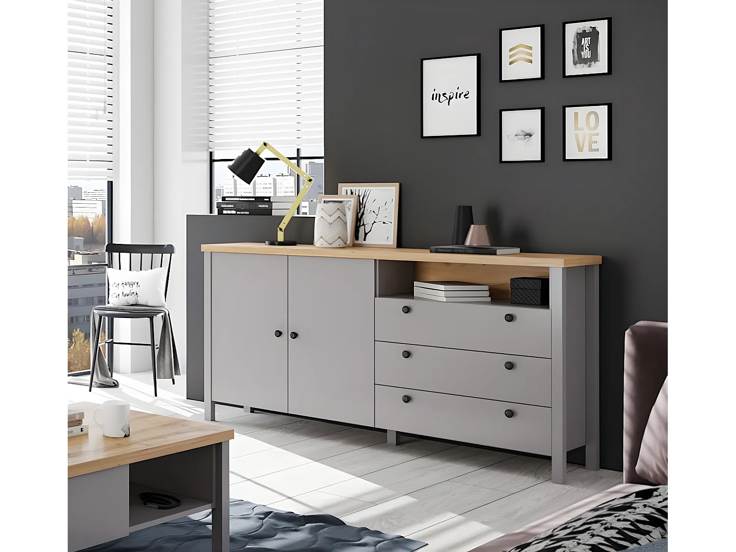 Kommode Melini schiefergrau / Eiche Delano hell 166 / 38 / 86 cm