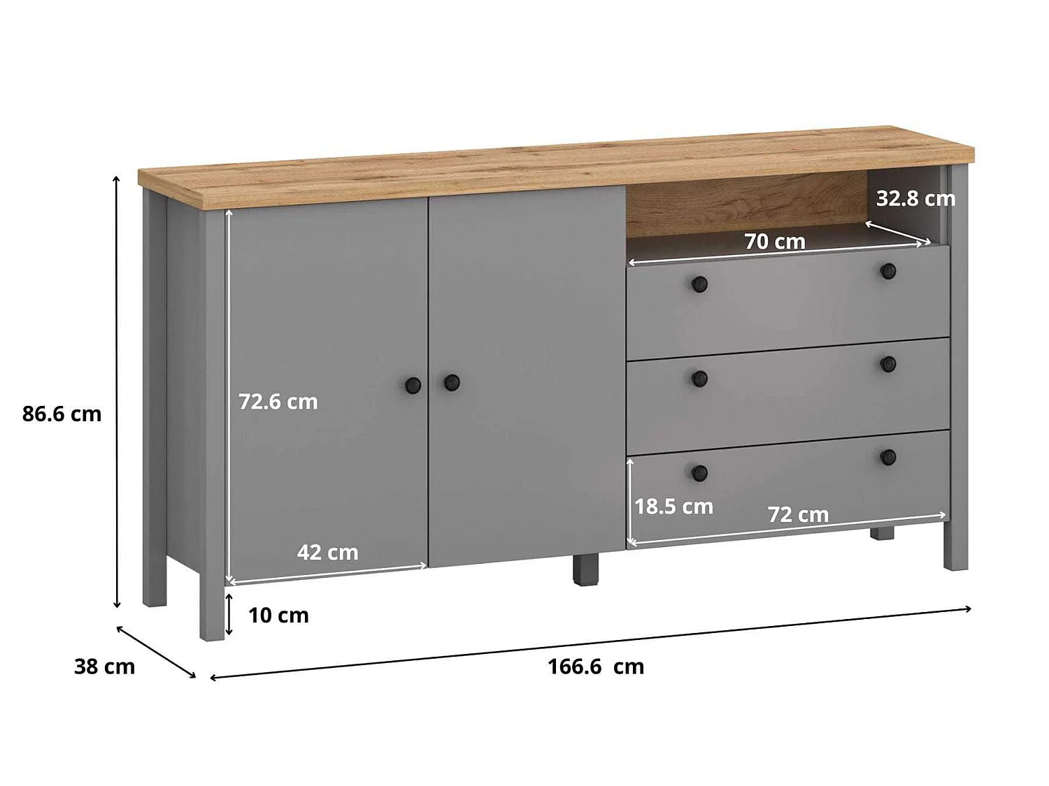 KOMMODE Melini schiefergrau / Eiche Delano hell 166 / 38 / 86cm