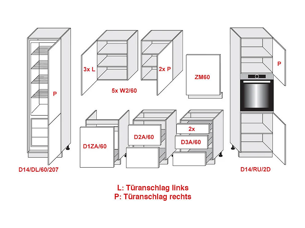 KÜCHENLEERBLOCK Napoli weiß matt / RAL 9016 verkehrsweiß (K5) 420 / 59 / 207cm 12-teilig