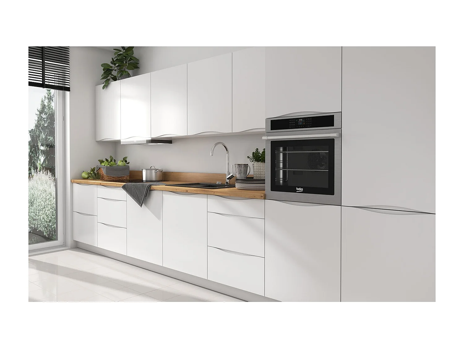 KÜCHENLEERBLOCK Napoli weiß matt / RAL 9016 verkehrsweiß (K5); Arbeitsplatte Eiche Artisan 420 / 59 / 207cm 12-teilig