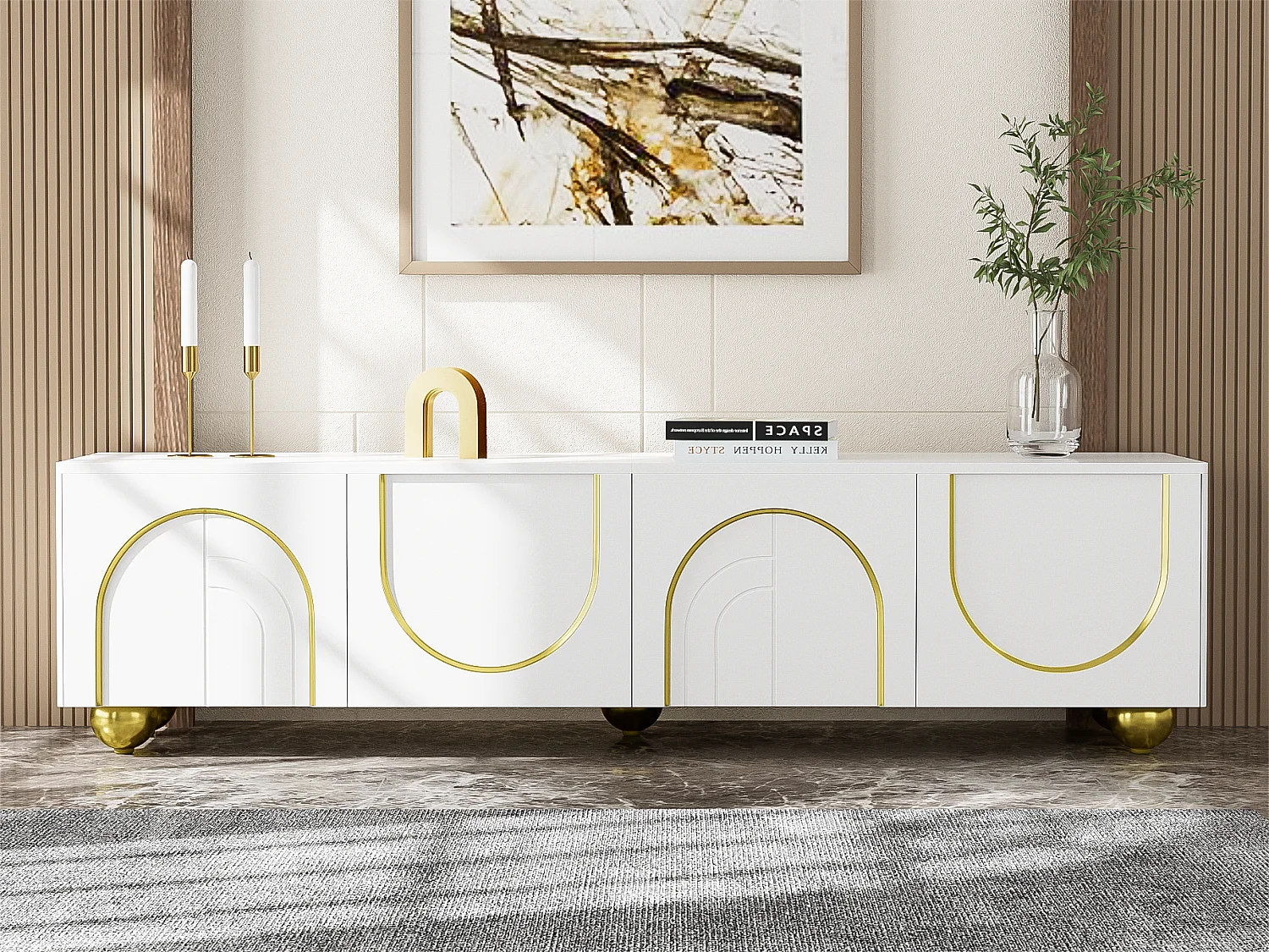 Meuble TV moderne - avec étagères réglables - en panneaux de particules - Blanc & Doré