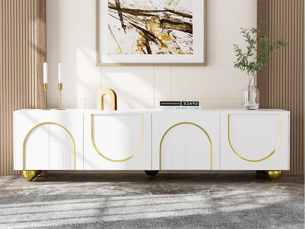 Modern TV-meubel - met verstelbare planken - in spaanplaat - Wit & Goud