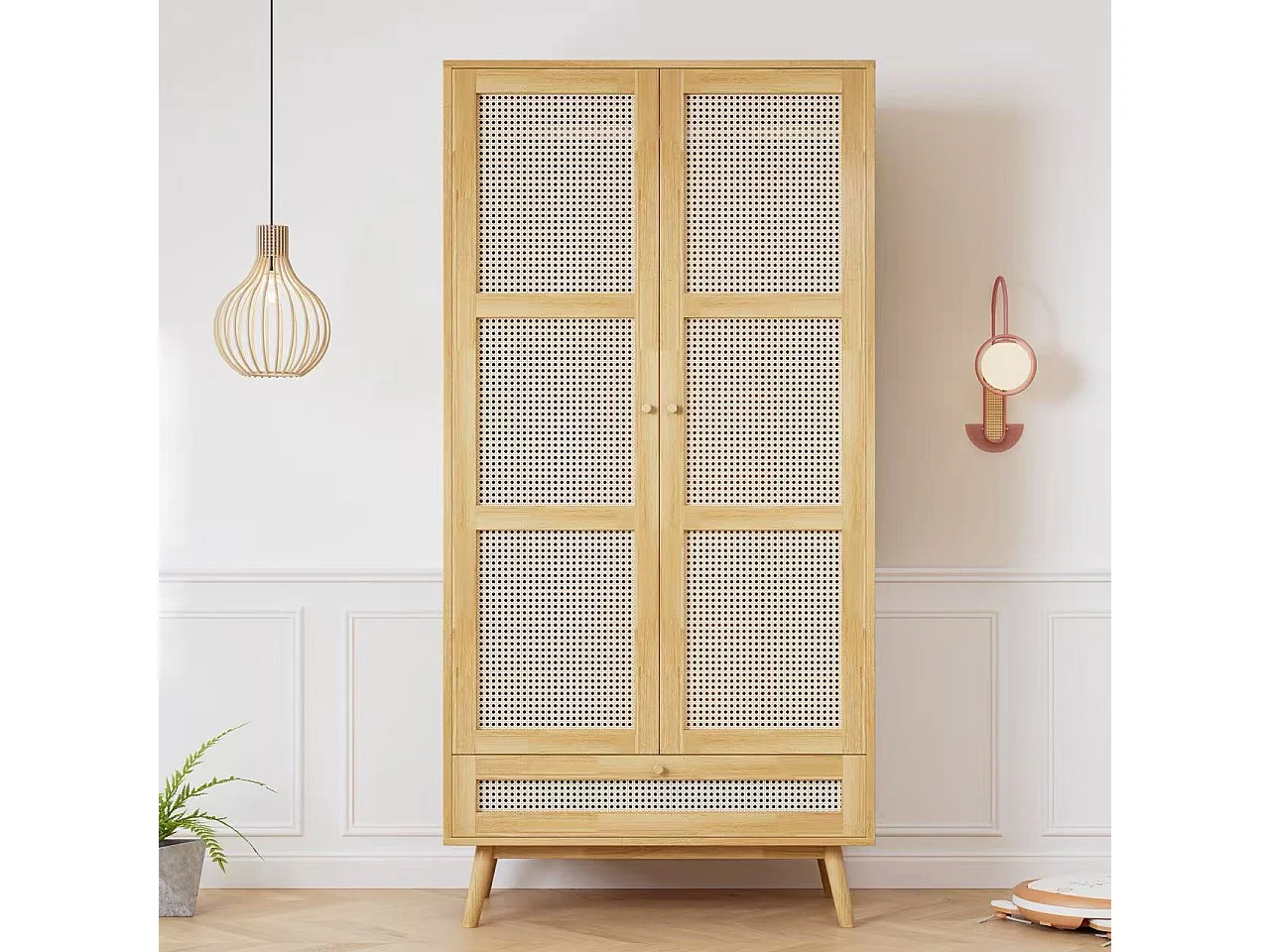 Armadio con asta - 2 ante in rete di rattan e 1 scomparto a ribalta - Naturale