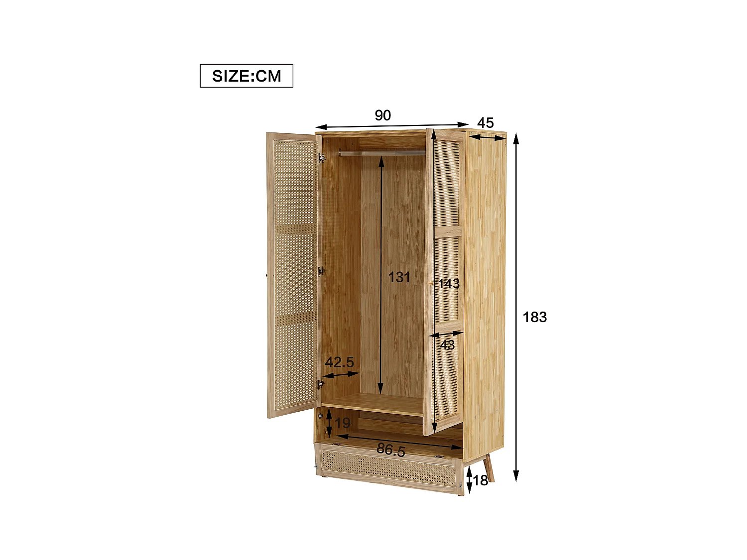 Armadio con asta - 2 ante in rete di rattan e 1 scomparto a ribalta - Naturale
