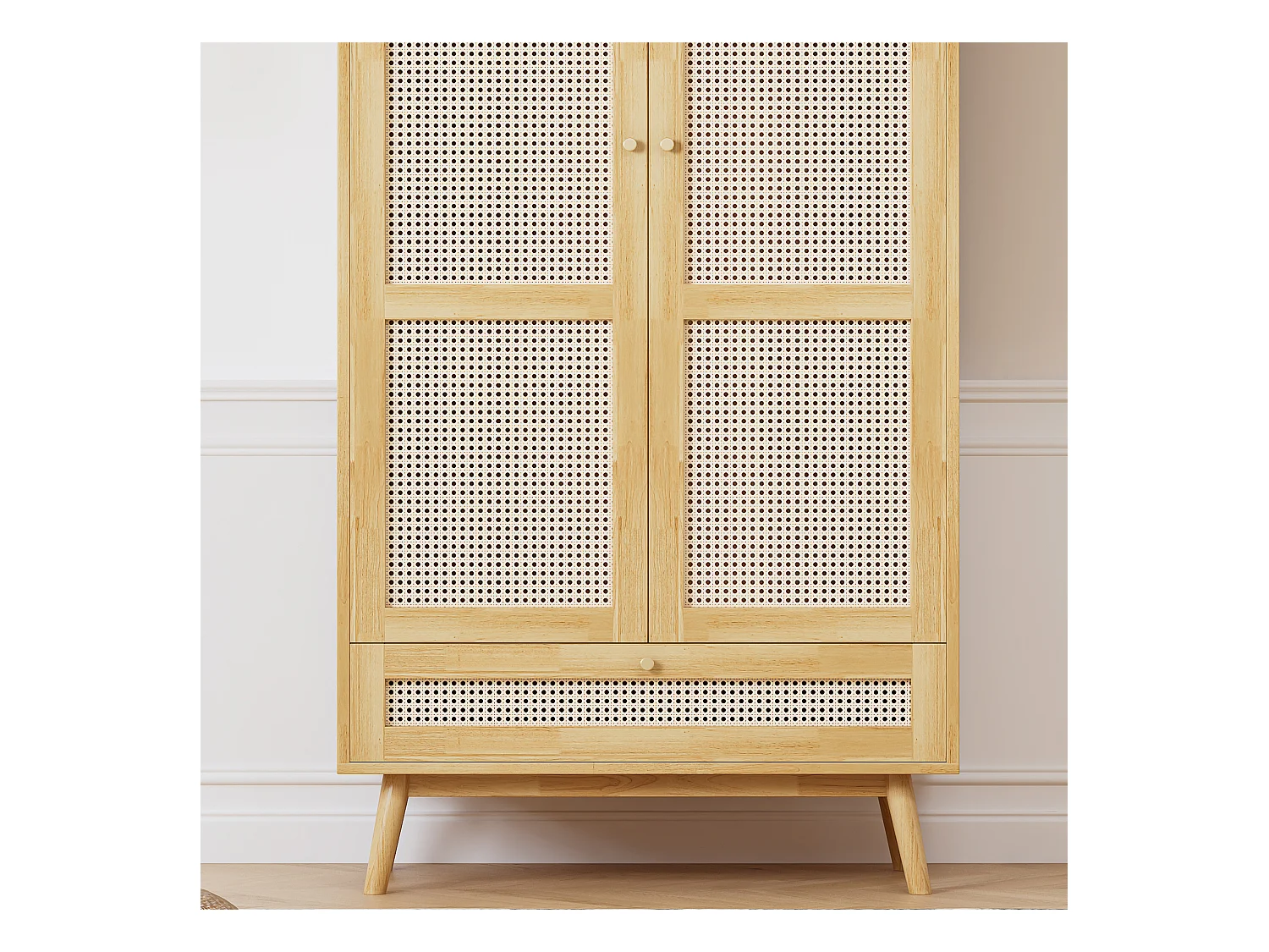 Armadio con asta - 2 ante in rete di rattan e 1 scomparto a ribalta - Naturale