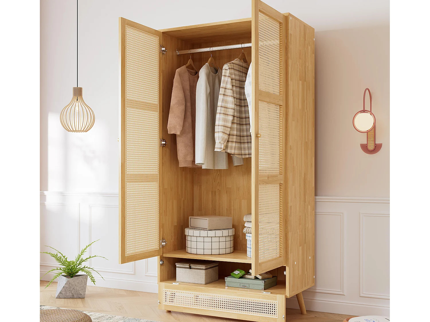 Kledingkast met roede - 2 rotan gaasdeuren en 1 klepvak - Naturel