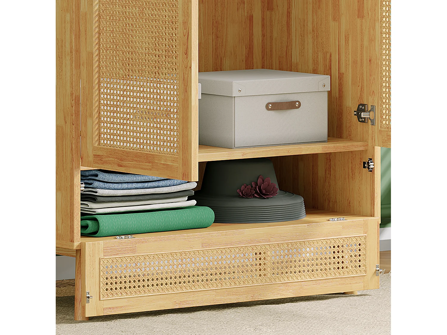 Kledingkast met roede - 2 rotan gaasdeuren en 1 klepvak - Naturel