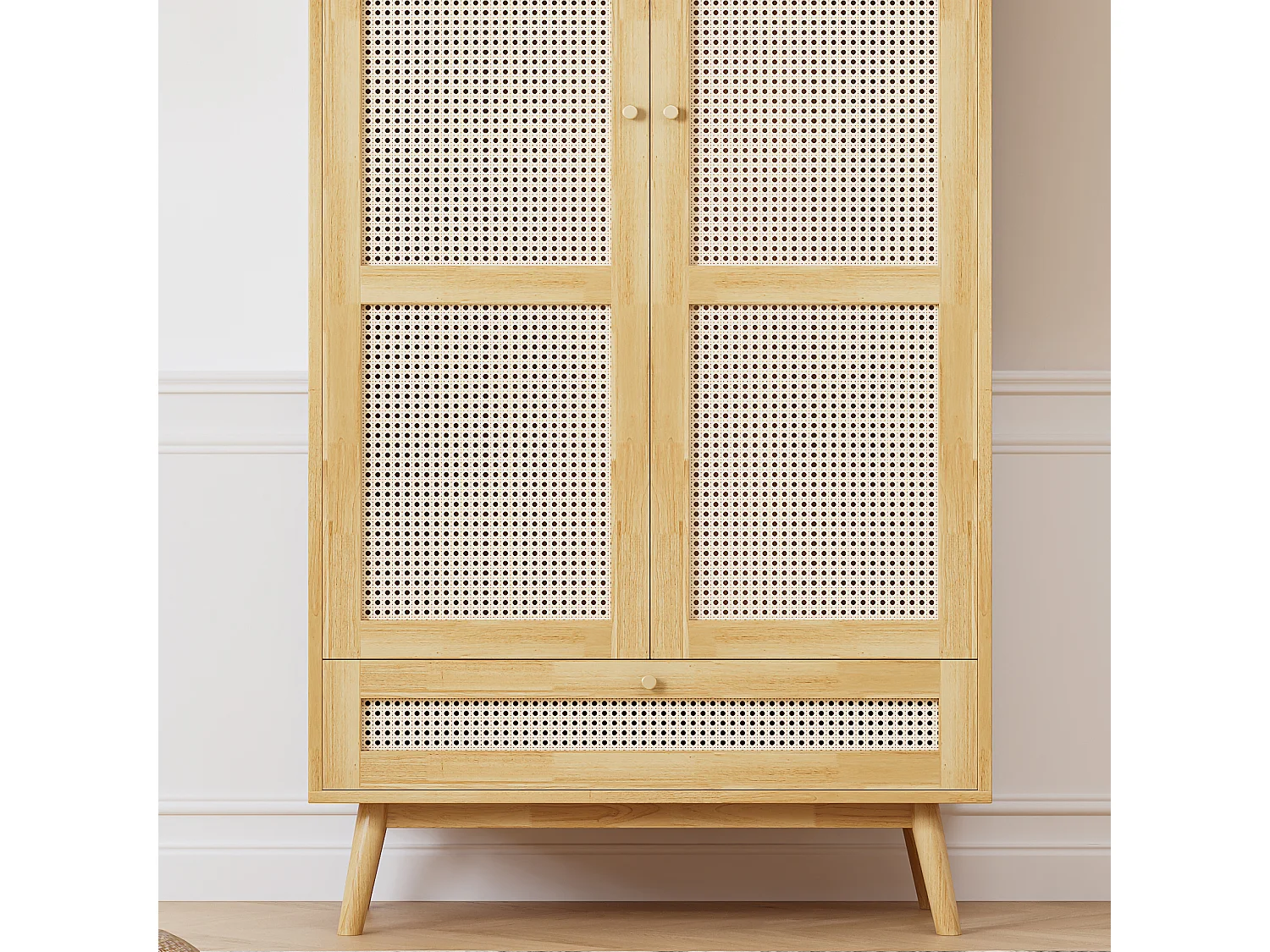 Kledingkast met roede - 2 rotan gaasdeuren en 1 klepvak - Naturel