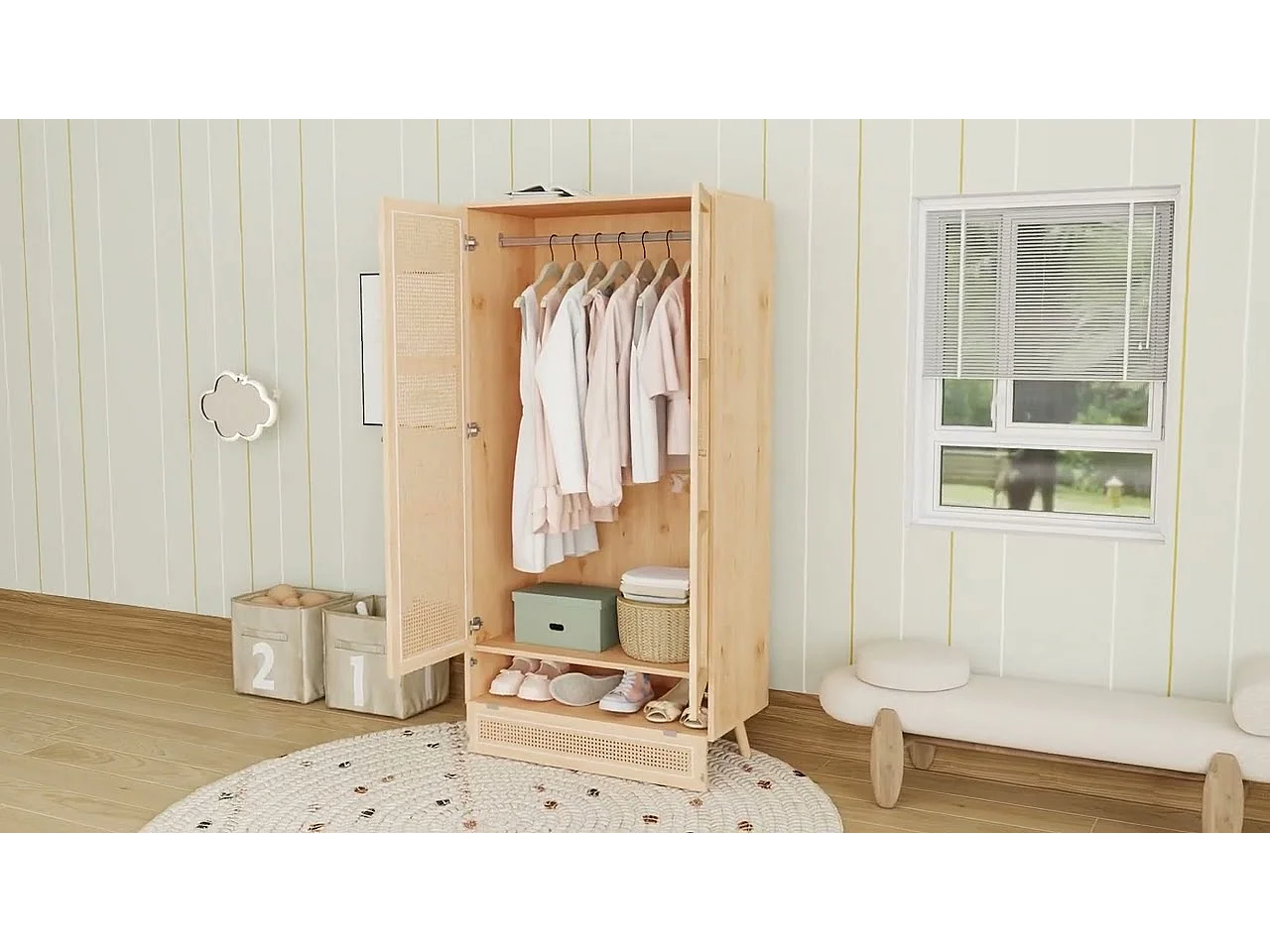 Kledingkast met roede - 2 rotan gaasdeuren en 1 klepvak - Naturel