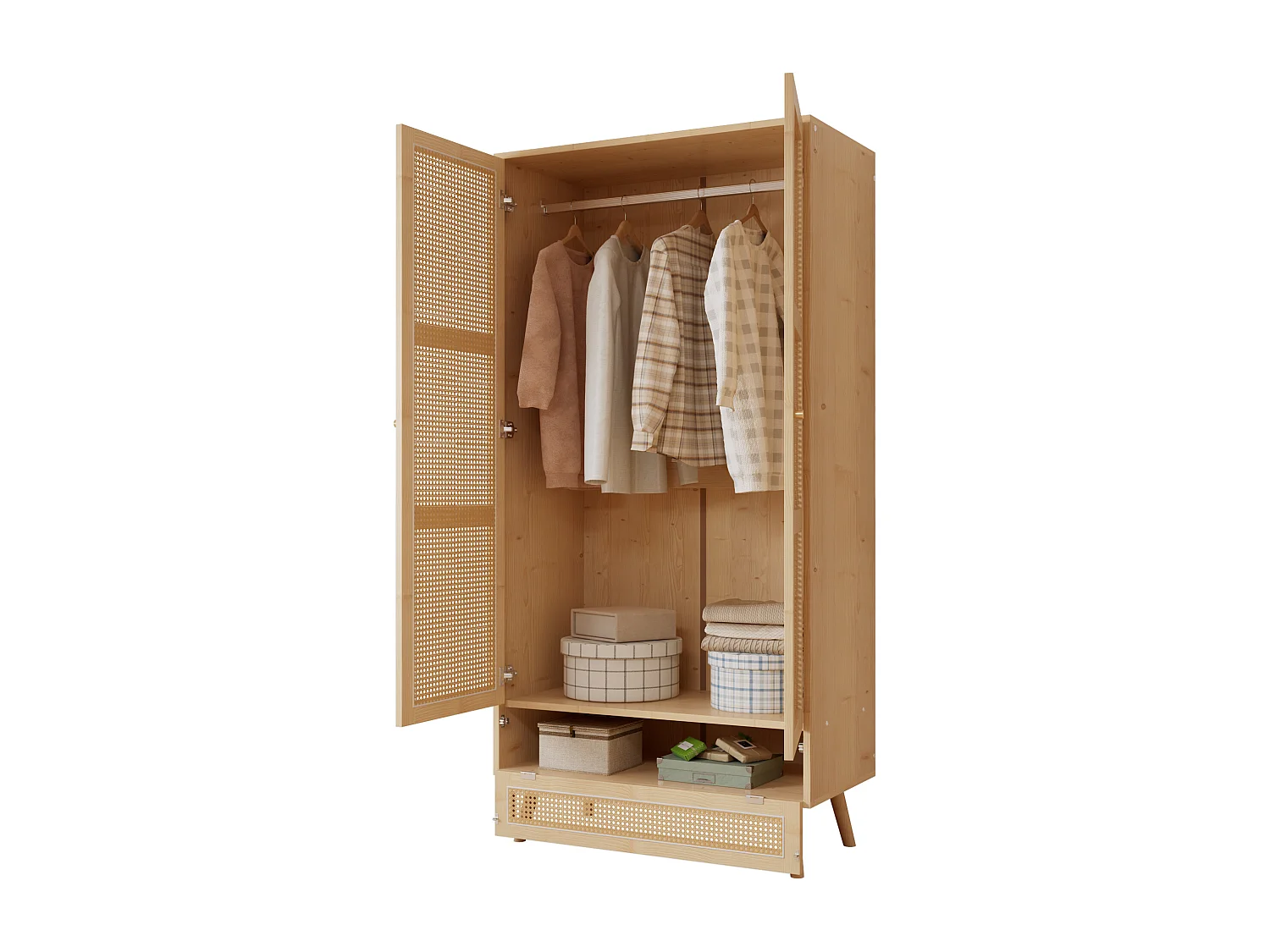 Kledingkast met roede - 2 rotan gaasdeuren en 1 klepvak - Naturel