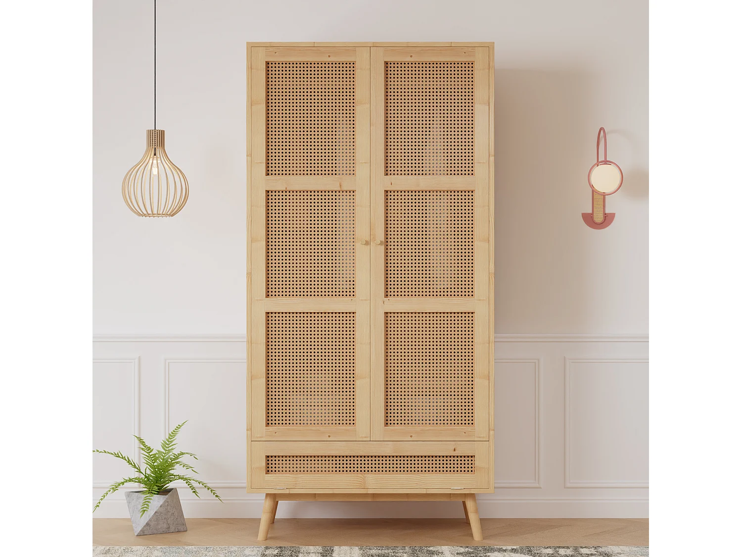 Armoire avec tringle - 2 portes grillagées en rotin et 1 compartiment abattant - Naturel
