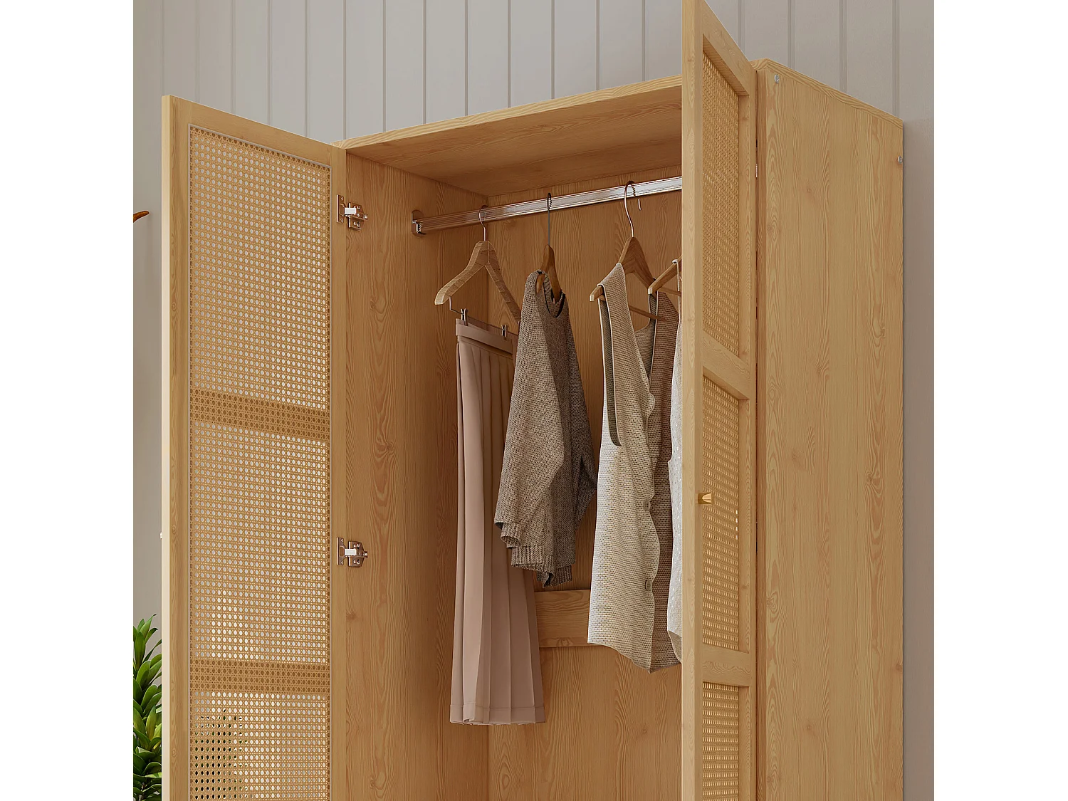 Armoire avec tringle - 2 portes grillagées en rotin et 1 compartiment abattant - Naturel