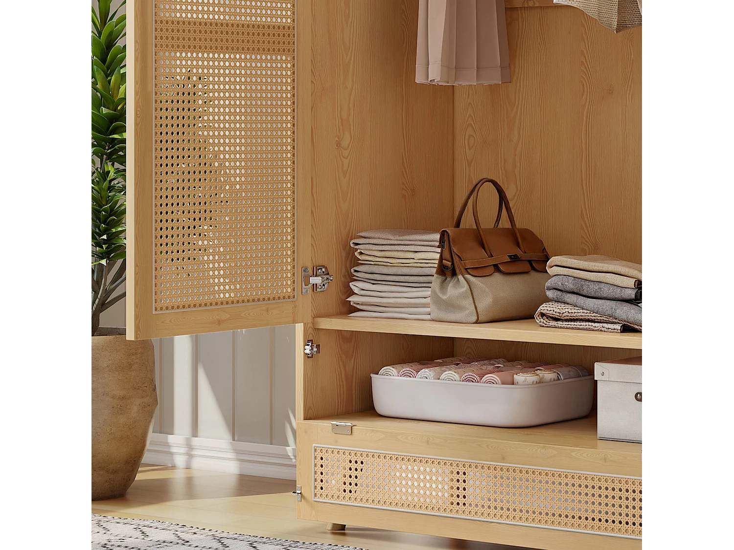 Armoire avec tringle - 2 portes grillagées en rotin et 1 compartiment abattant - Naturel