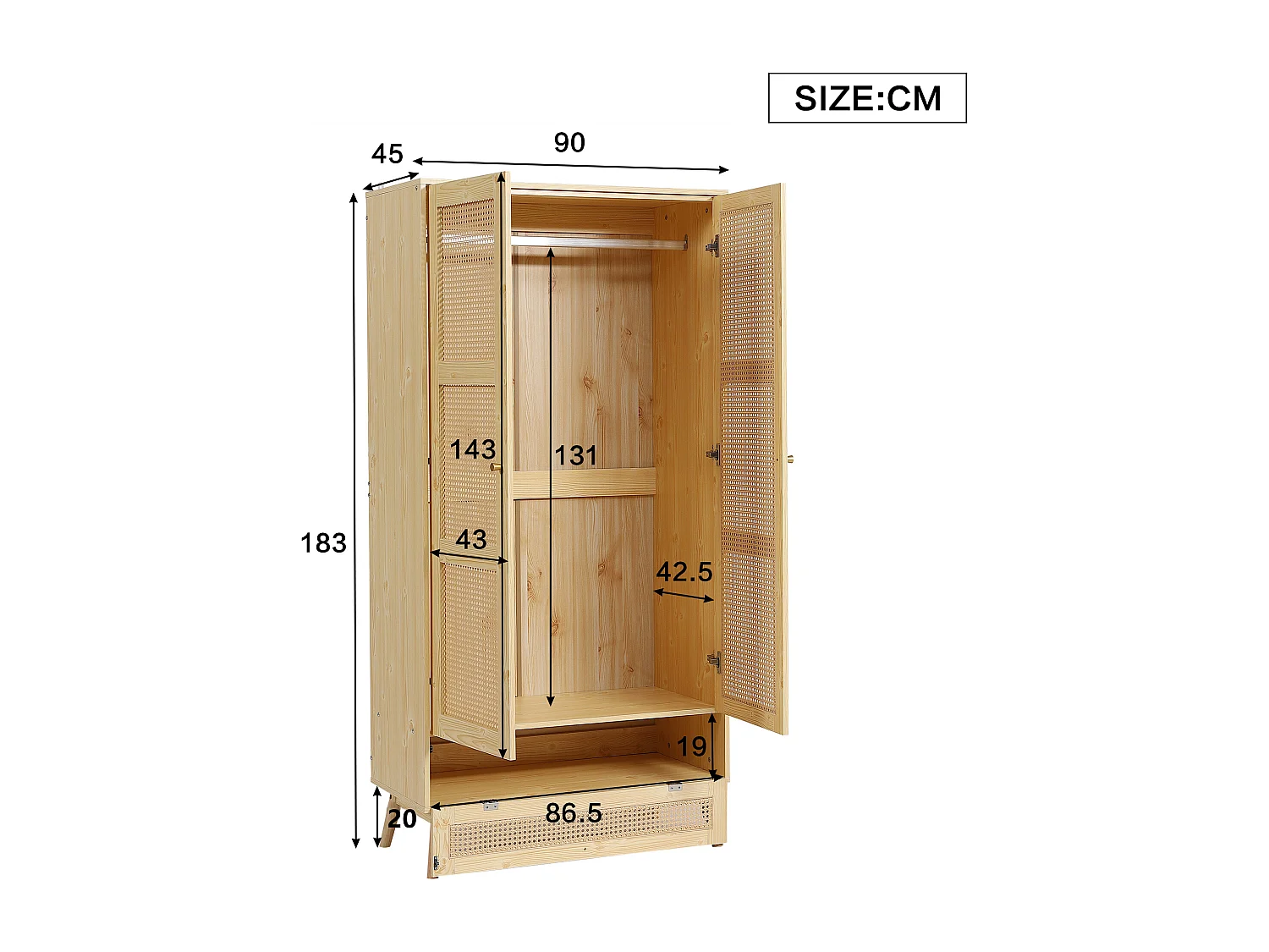 Armoire avec tringle - 2 portes grillagées en rotin et 1 compartiment abattant - Naturel