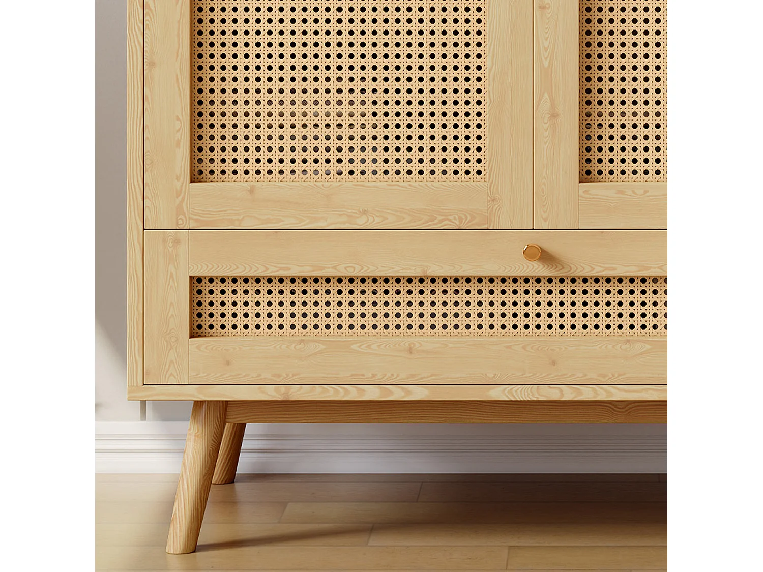 Armoire avec tringle - 2 portes grillagées en rotin et 1 compartiment abattant - Naturel