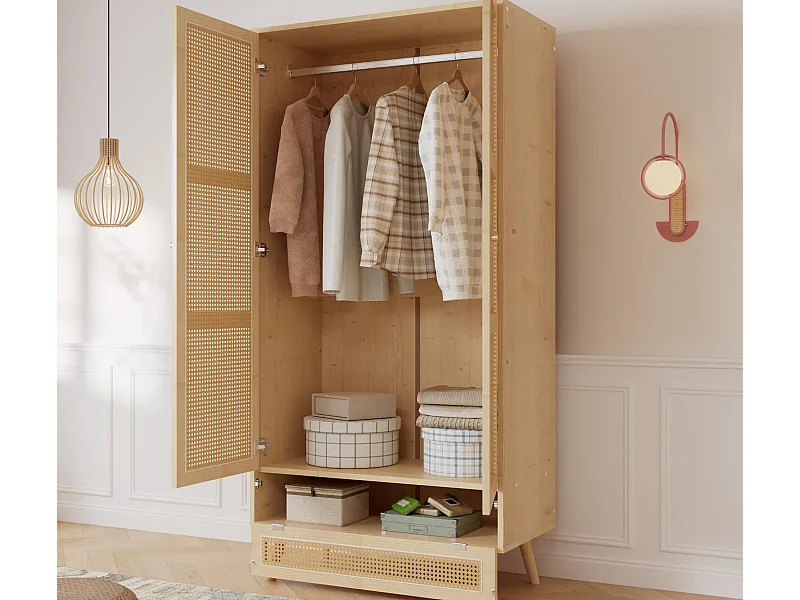 Armoire avec tringle - 2 portes grillagées en rotin et 1 compartiment abattant - Naturel