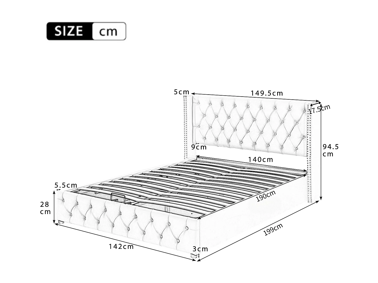 Lit coffre 140x190cm en velours avec sommier à lattes - beige