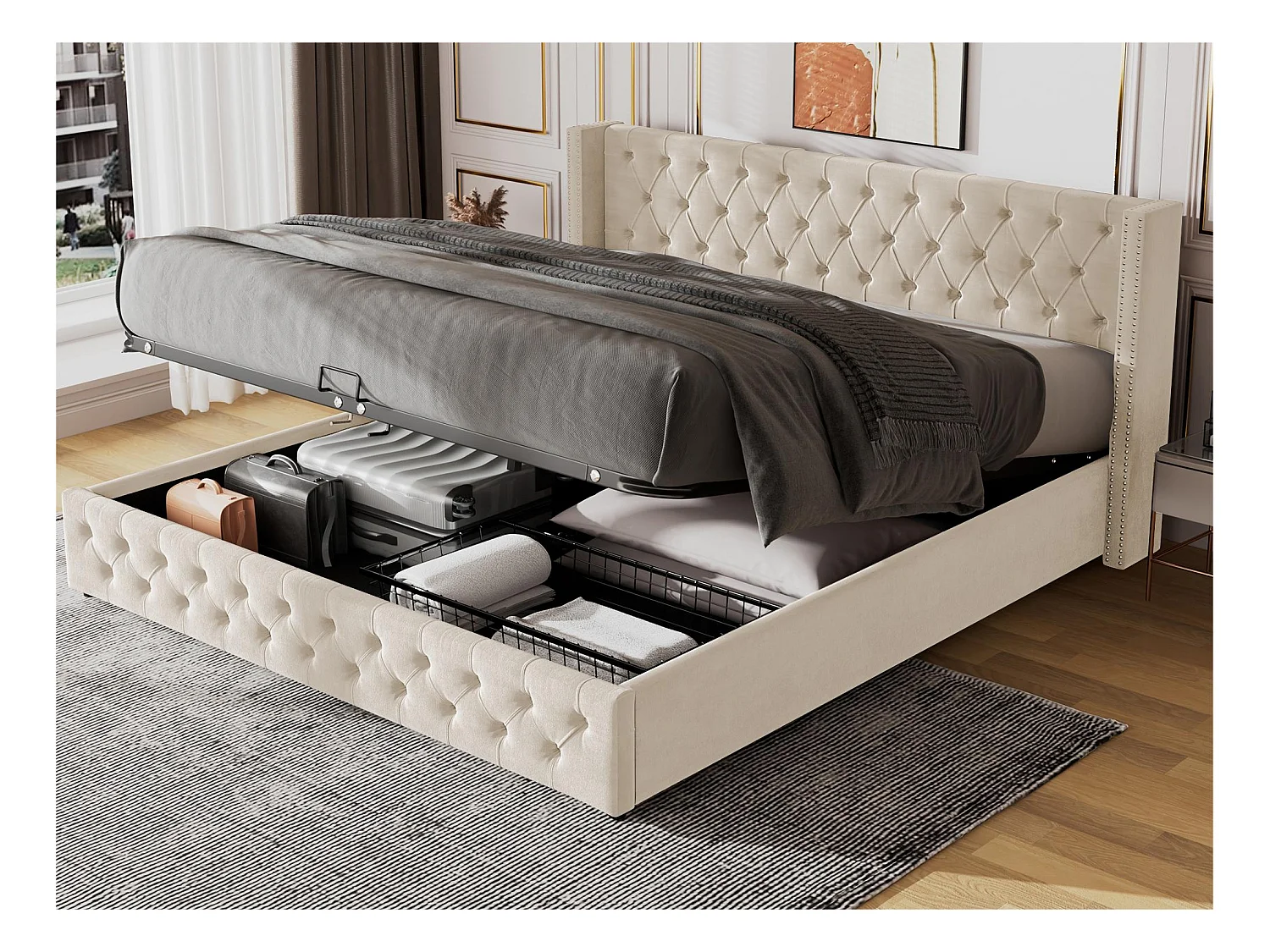 Lit coffre 140x190cm en velours avec sommier à lattes - beige