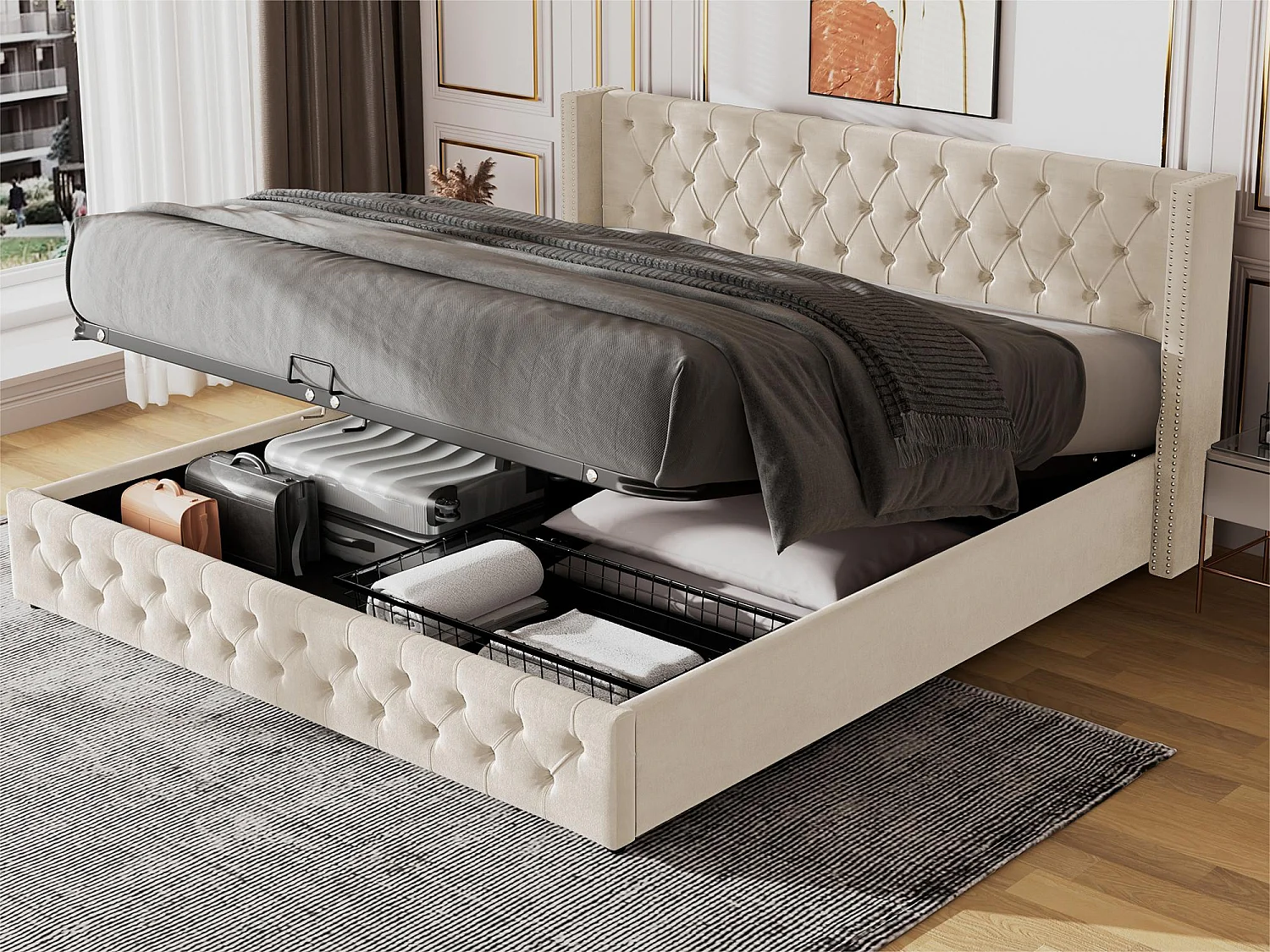 Lit coffre 140x190cm en velours avec sommier à lattes - beige