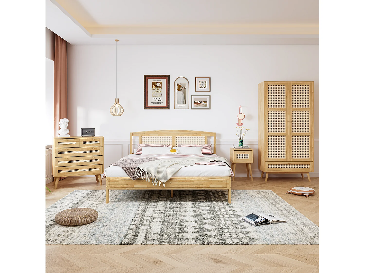 Conjunto de cama adulto 160x200 cm + Roupeiro + Cómoda + mesa de cabeceira - em madeira e vime - Natural