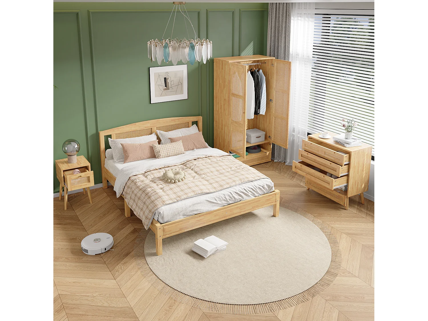 Conjunto de cama adulto 160x200 cm + Roupeiro + Cómoda + mesa de cabeceira - em madeira e vime - Natural