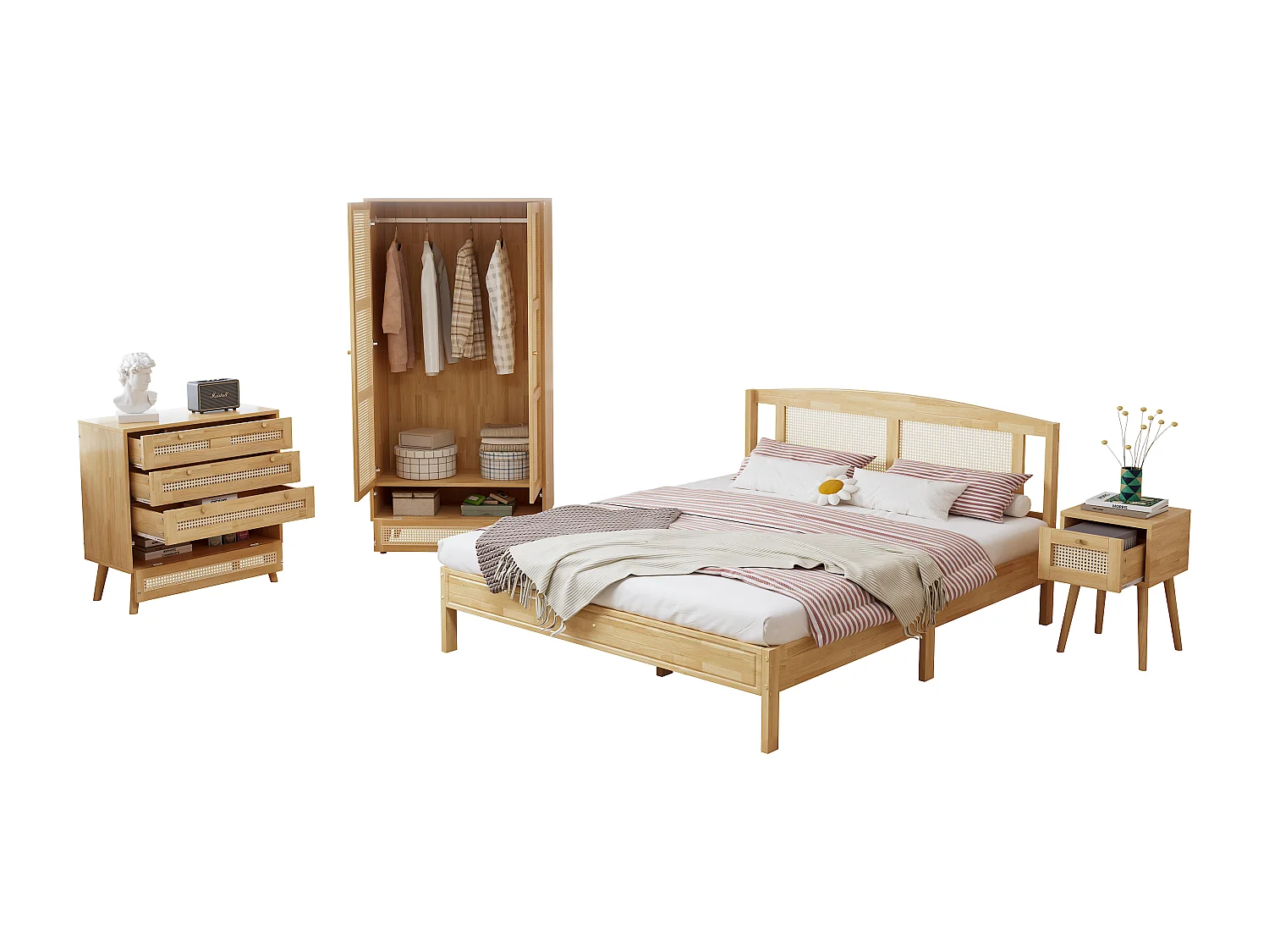 Conjunto de cama adulto 160x200 cm + Roupeiro + Cómoda + mesa de cabeceira - em madeira e vime - Natural