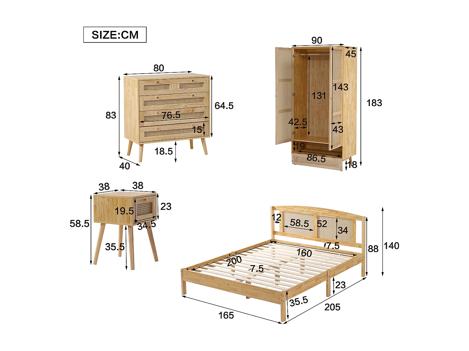 Conjunto de cama adulto 160x200 cm + Roupeiro + Cómoda + mesa de cabeceira - em madeira e vime - Natural