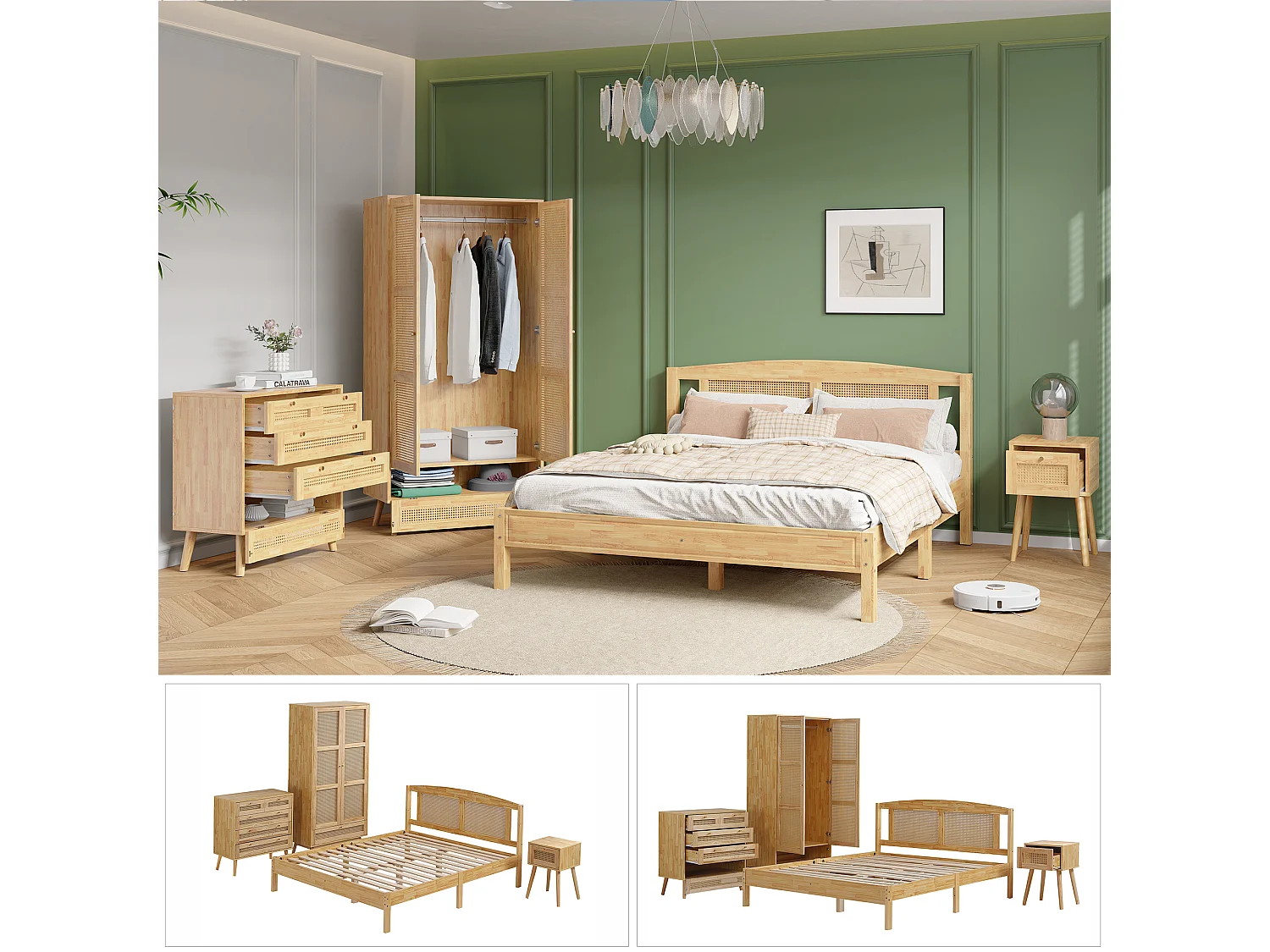 Conjunto de cama adulto 160x200 cm + Roupeiro + Cómoda + mesa de cabeceira - em madeira e vime - Natural