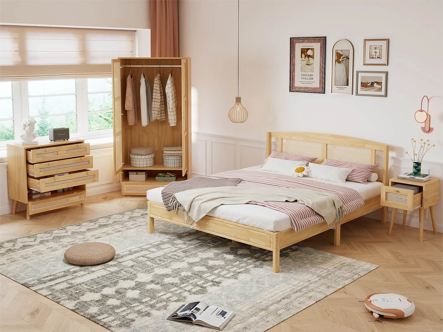 Conjunto de cama adulto 160x200 cm + Roupeiro + Cómoda + mesa de cabeceira - em madeira e vime - Natural