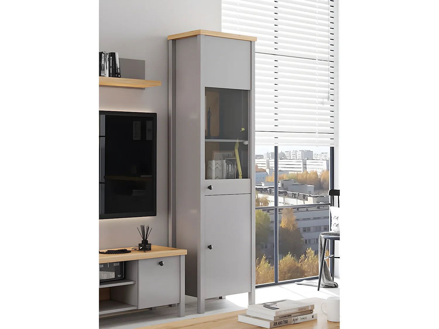 Vitrine Melini schiefergrau / Eiche Delano hell 55 / 38 / 200 cm