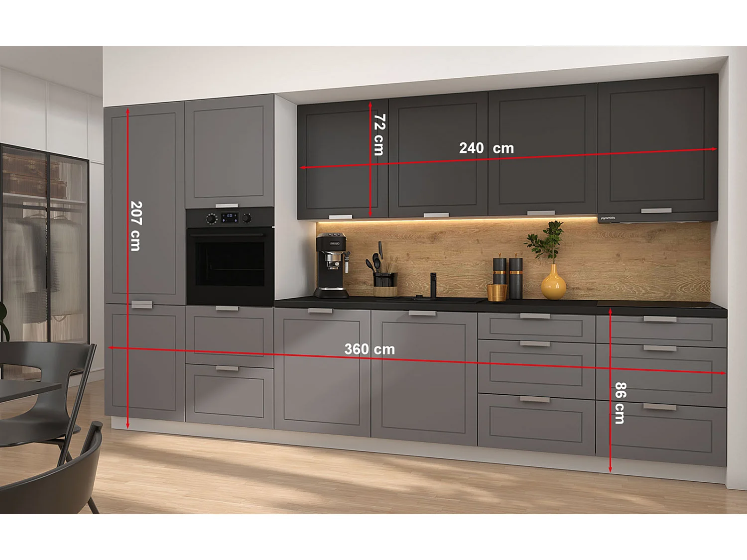 KÜCHENLEERBLOCK Kvantum weiß / dust grey & graphit matt, Arbeitsplatte schwarz 360 / 60 / 207cm 10-teilig