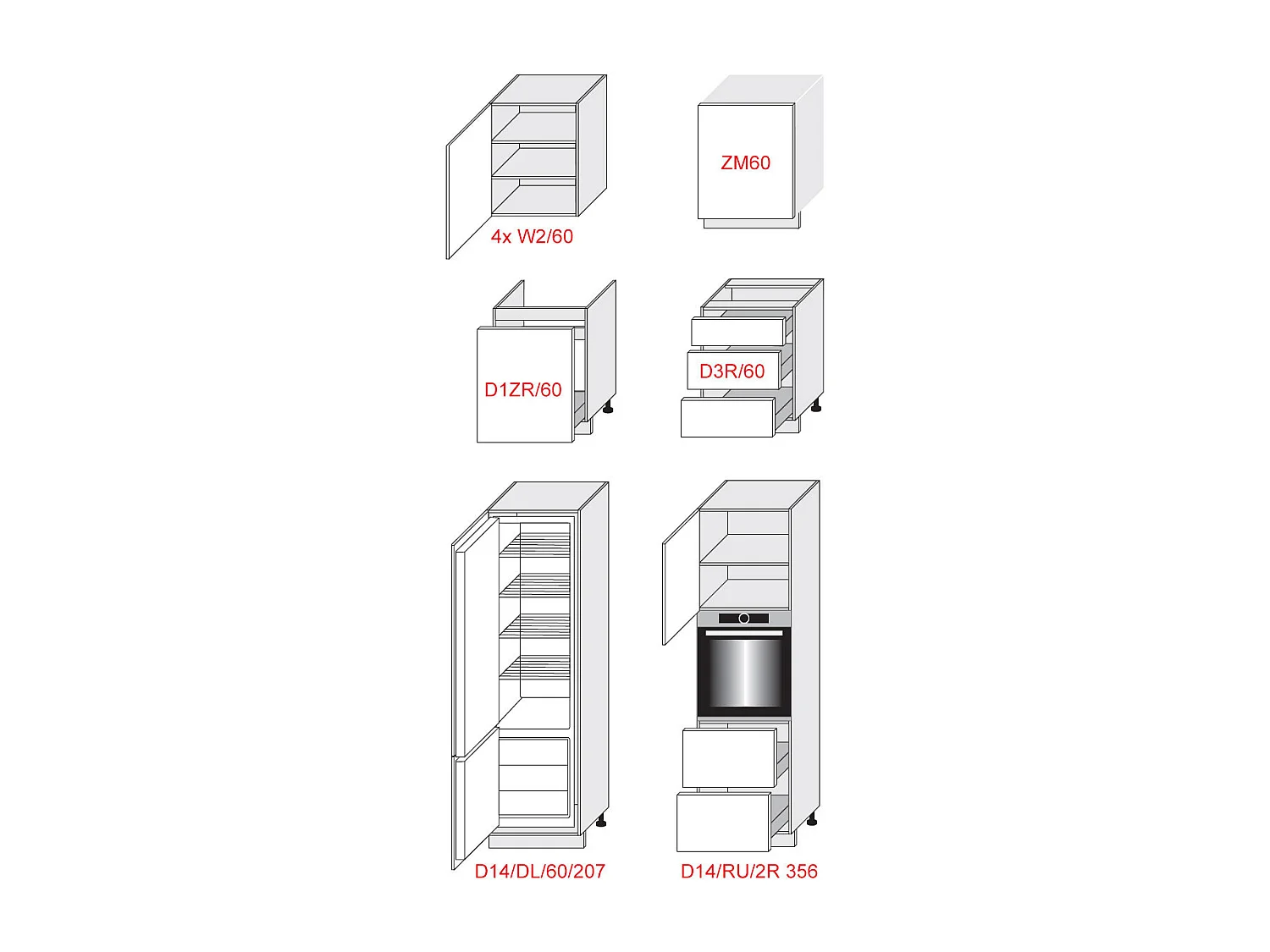 KÜCHENLEERBLOCK Kvantum weiß / dust grey & graphit matt, Arbeitsplatte schwarz 360 / 60 / 207cm 10-teilig