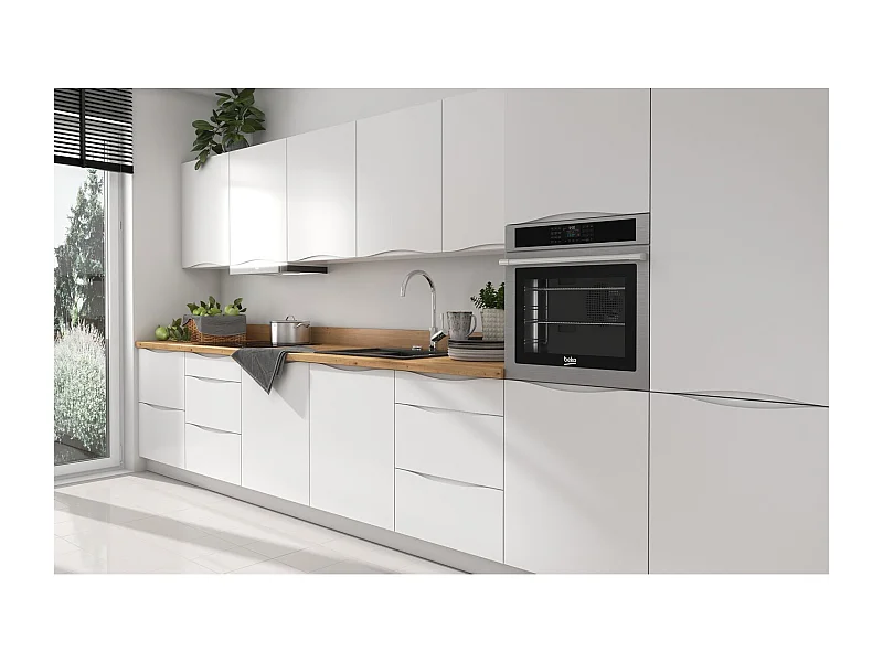 KÜCHENLEERBLOCK Napoli weiß matt / RAL 9016 verkehrsweiß (K5); Arbeitsplatte Eiche Artisan 420 / 59 / 207cm 12-teilig