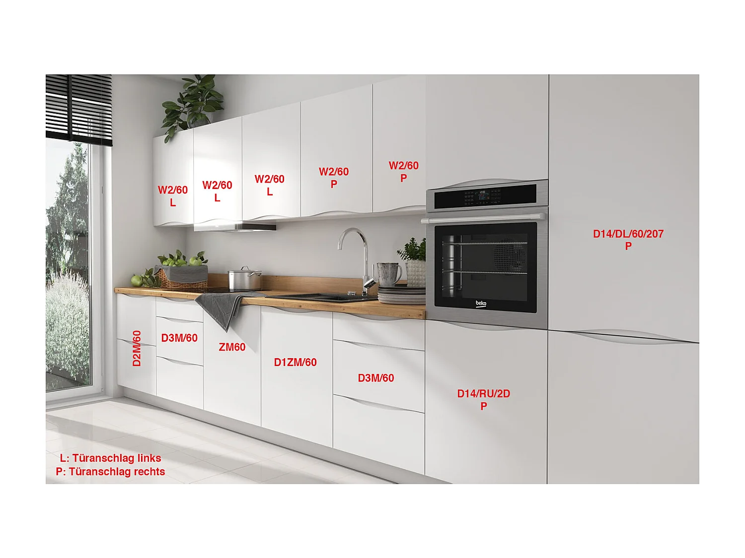 KÜCHENLEERBLOCK Napoli weiß matt / RAL 9016 verkehrsweiß (K5); Arbeitsplatte Eiche Artisan 420 / 59 / 207cm 12-teilig