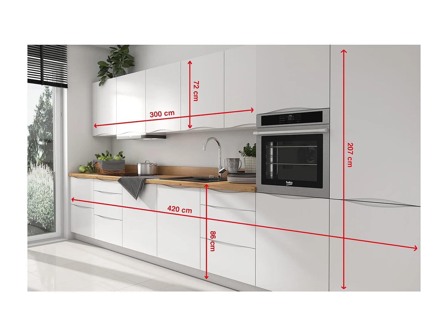 KÜCHENLEERBLOCK Napoli weiß matt / RAL 9016 verkehrsweiß (K5); Arbeitsplatte Eiche Artisan 420 / 59 / 207cm 12-teilig