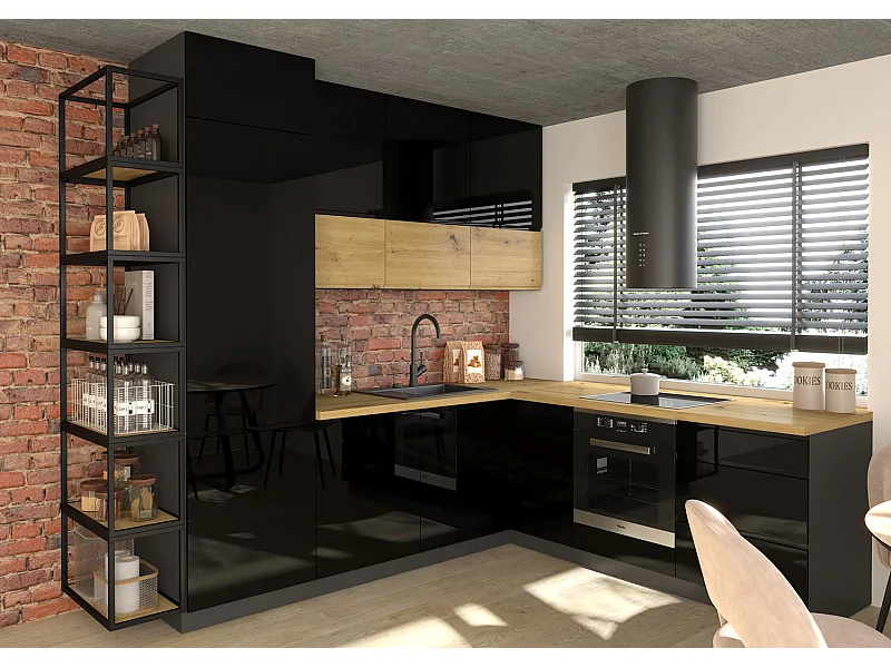 WINKELKÜCHE Florence lava matt / RAL 9005 tiefschwarz Hochglanz (K7); eiche artisan; schwarz matt; Arbeitsplatte eiche artisan 19-teilig