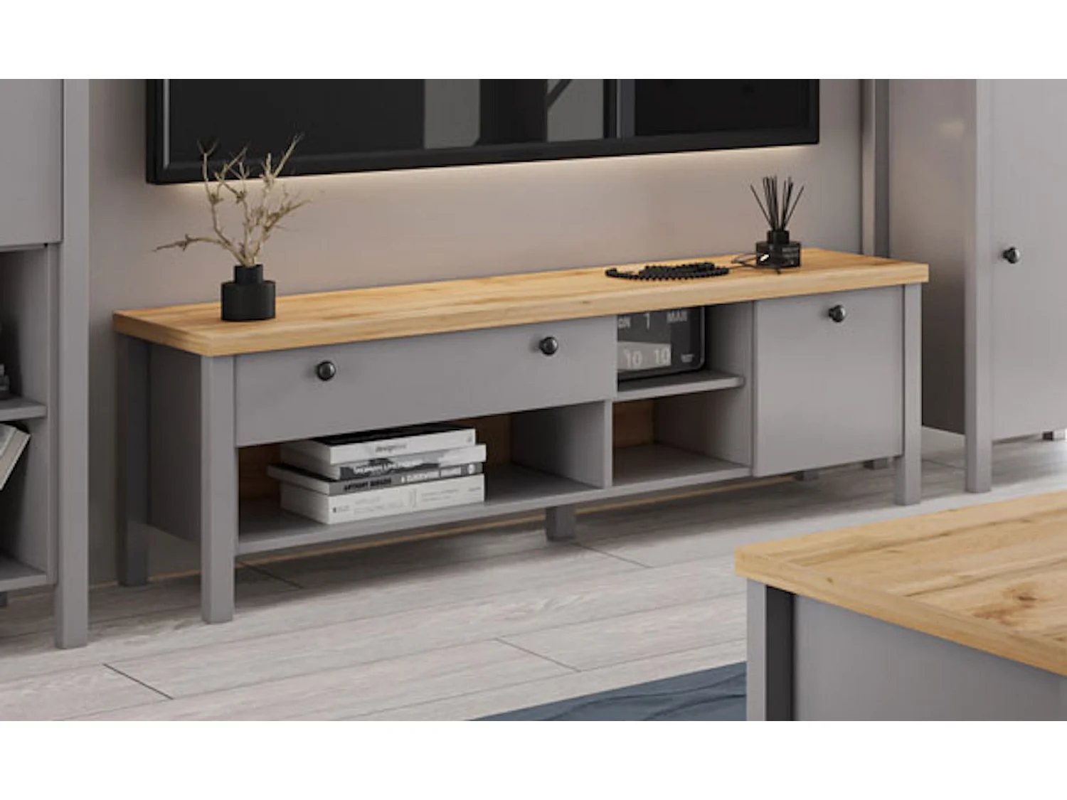 Lowboard Melini schiefergrau / Eiche Delano hell 146 / 38 / 46 cm