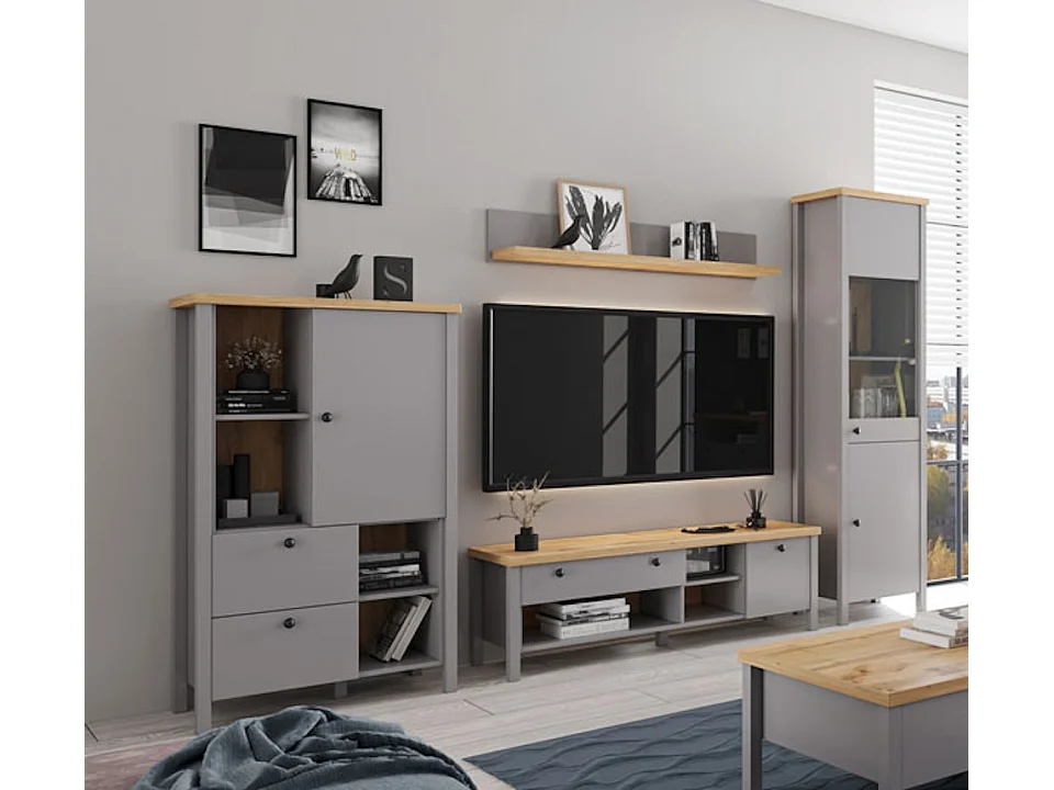 Wohnwand Melini schiefergrau / Eiche Delano hell 4-teilig