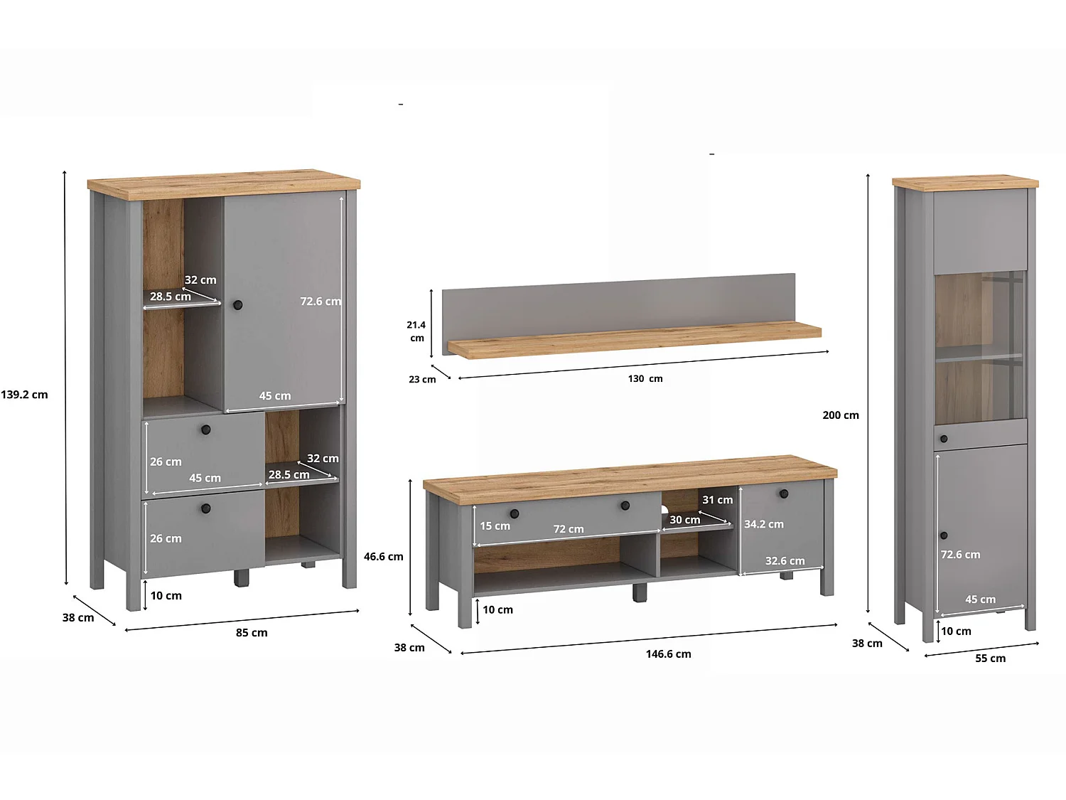 WOHNWAND 4-TEILIG Melini schiefergrau / Eiche Delano hell 286 / 38 / 200cm